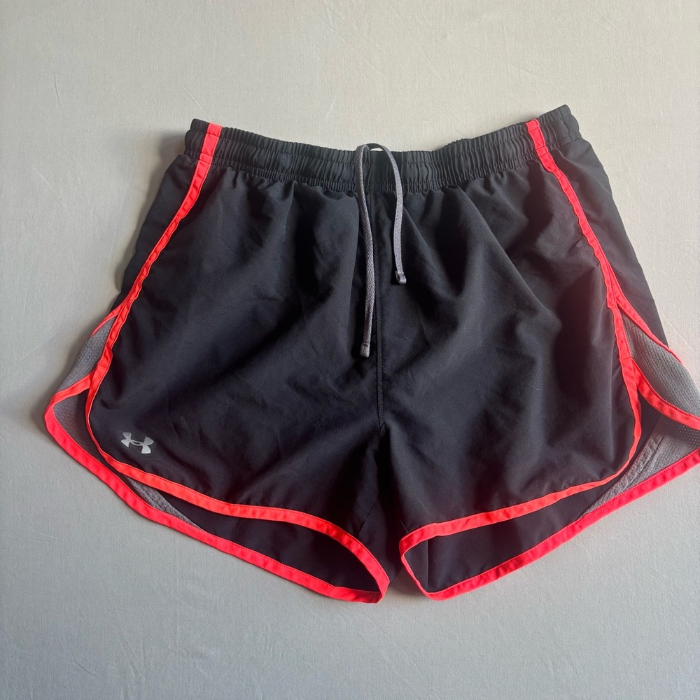 Under Armour Women's Black Running Shorts with Neon Pink Trim